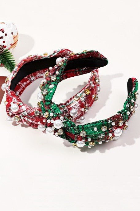 Festive Plaid & Pearl Knotted Headband – Sparkling Holiday Hair Accessory - Bella Blossom Boutique