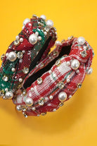 Festive Plaid & Pearl Knotted Headband – Sparkling Holiday Hair Accessory - Bella Blossom Boutique