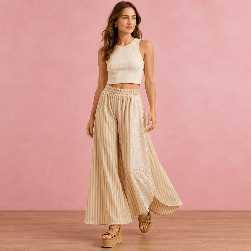 Floral Eyelet Stripe Wide Leg Pants – Airy High-Waist Boho Trousers - Bella Blossom Boutique