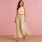 Floral Eyelet Stripe Wide Leg Pants – Airy High-Waist Boho Trousers - Bella Blossom Boutique