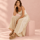 Floral Eyelet Stripe Wide Leg Pants – Airy High-Waist Boho Trousers - Bella Blossom Boutique