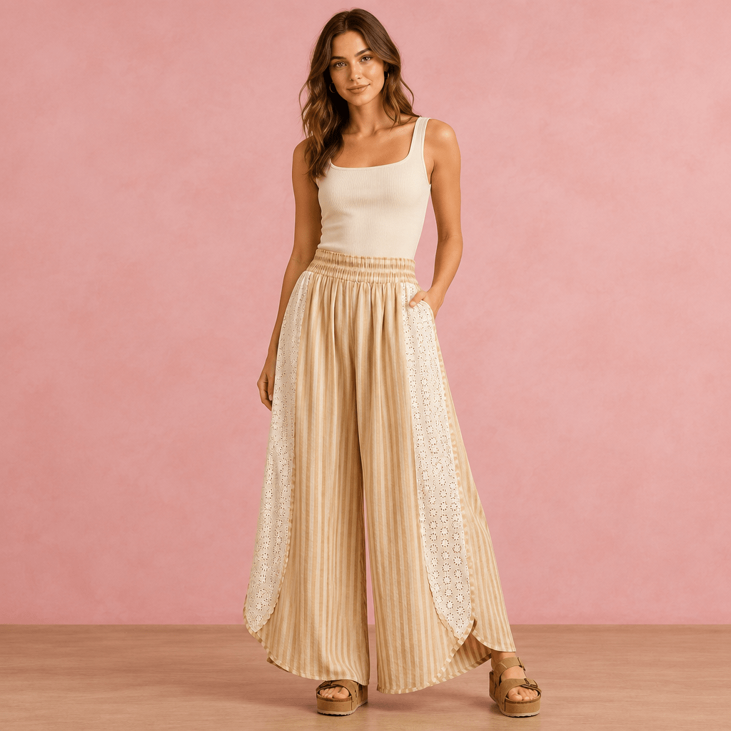 Floral Eyelet Stripe Wide Leg Pants – Airy High-Waist Boho Trousers - Bella Blossom Boutique