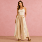 Floral Eyelet Stripe Wide Leg Pants – Airy High-Waist Boho Trousers - Bella Blossom Boutique