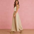 Floral Eyelet Stripe Wide Leg Pants – Airy High-Waist Boho Trousers - Bella Blossom Boutique