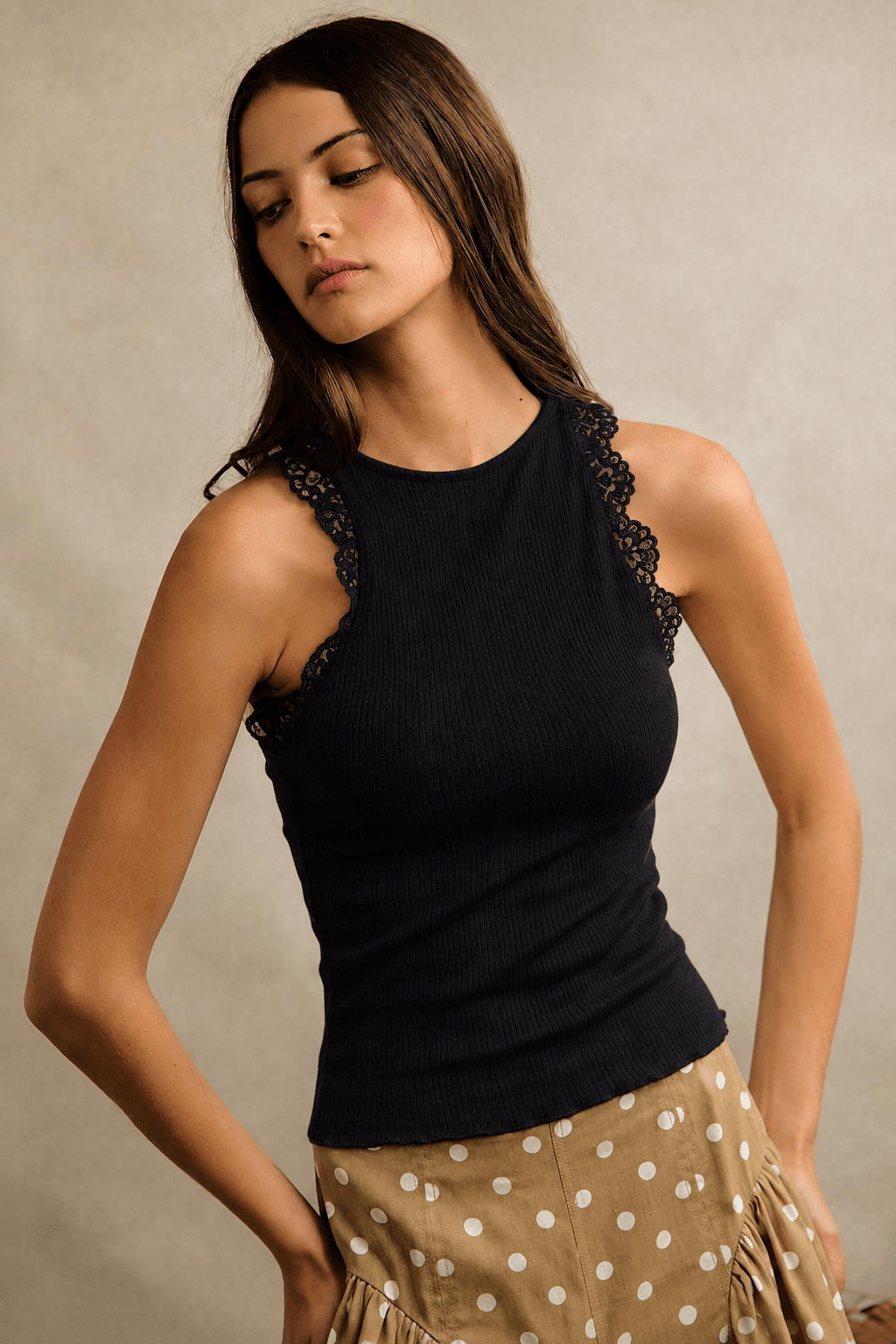 Floral Lace Trim Ribbed Halter Tank Top - Bella Blossom Boutique