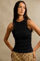 Floral Lace Trim Ribbed Halter Tank Top - Bella Blossom Boutique
