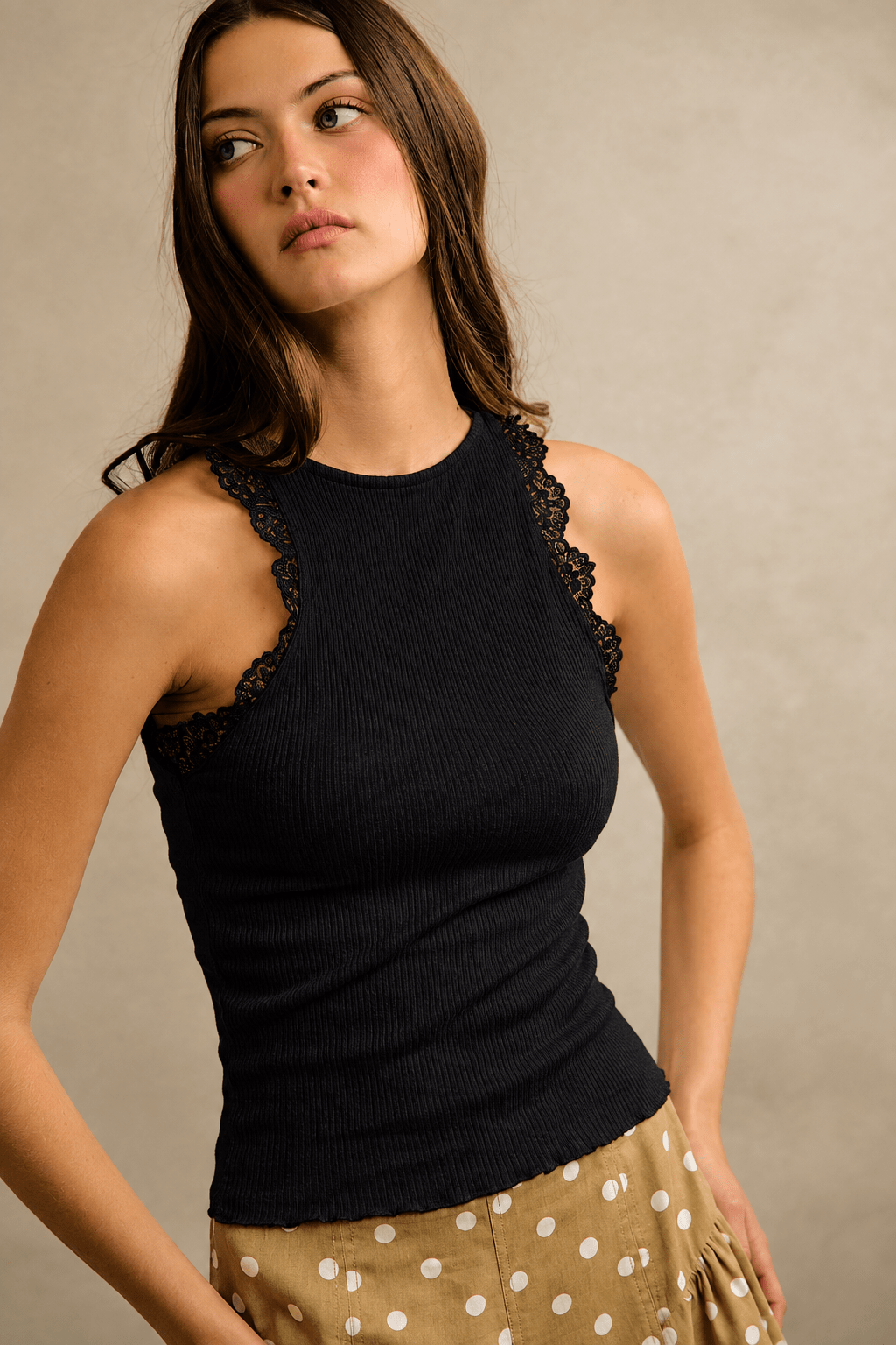 Floral Lace Trim Ribbed Halter Tank Top - Bella Blossom Boutique