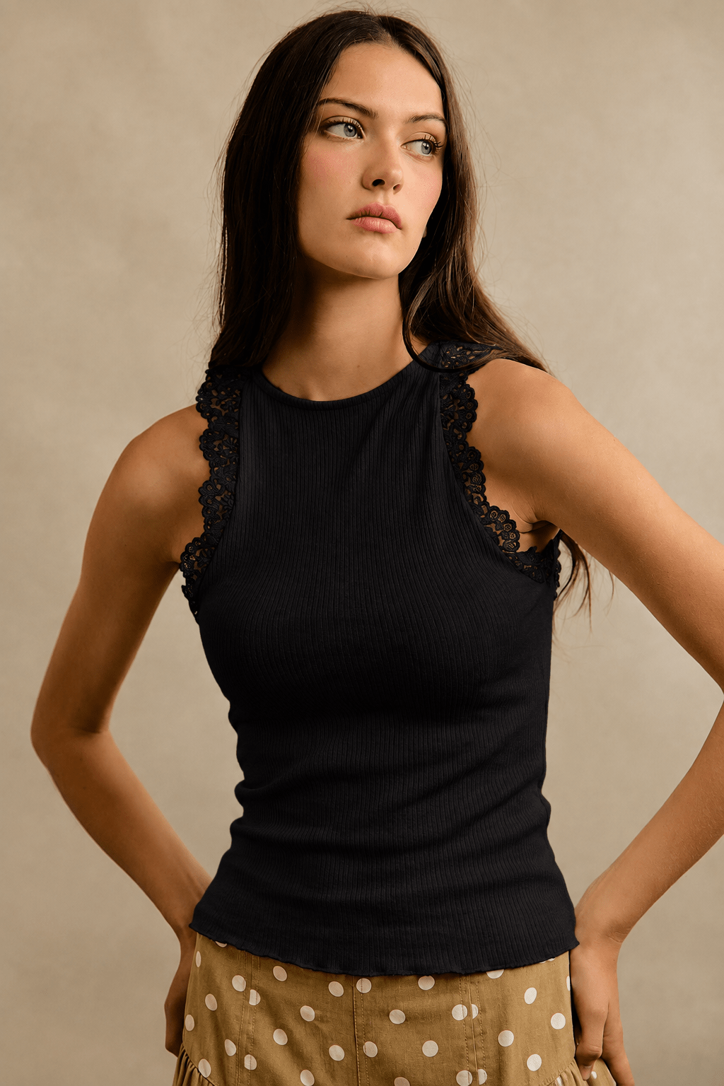 Floral Lace Trim Ribbed Halter Tank Top - Bella Blossom Boutique
