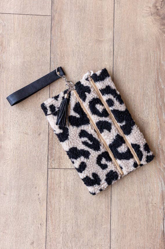 Fluffy Sherpa Leopard Print Wristlet – Chic Faux Fur Clutch Bag - Bella Blossom Boutique