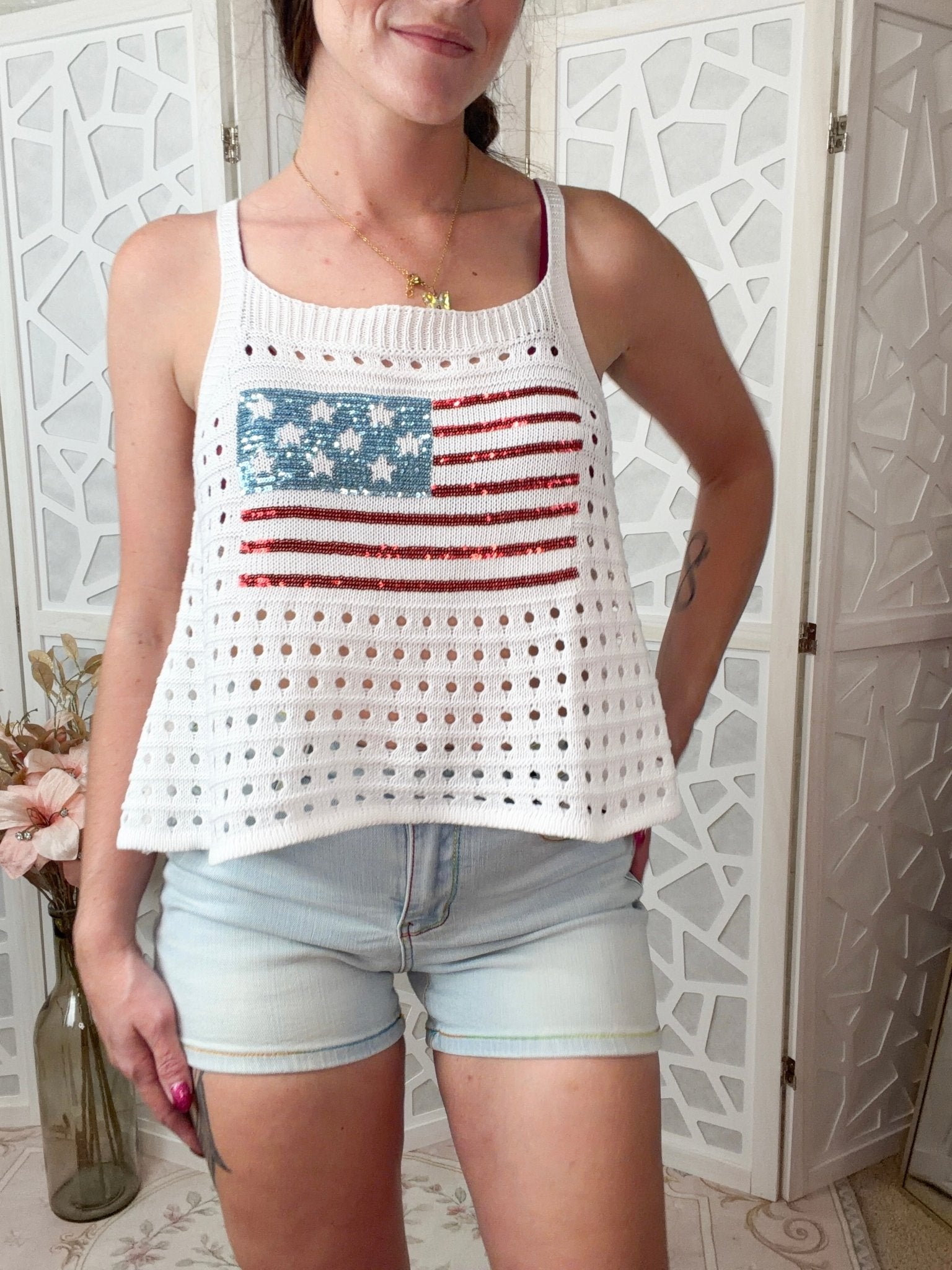 Freedom Patriotic Sequin American Flag Crochet Tank Top - Bella Blossom Boutique