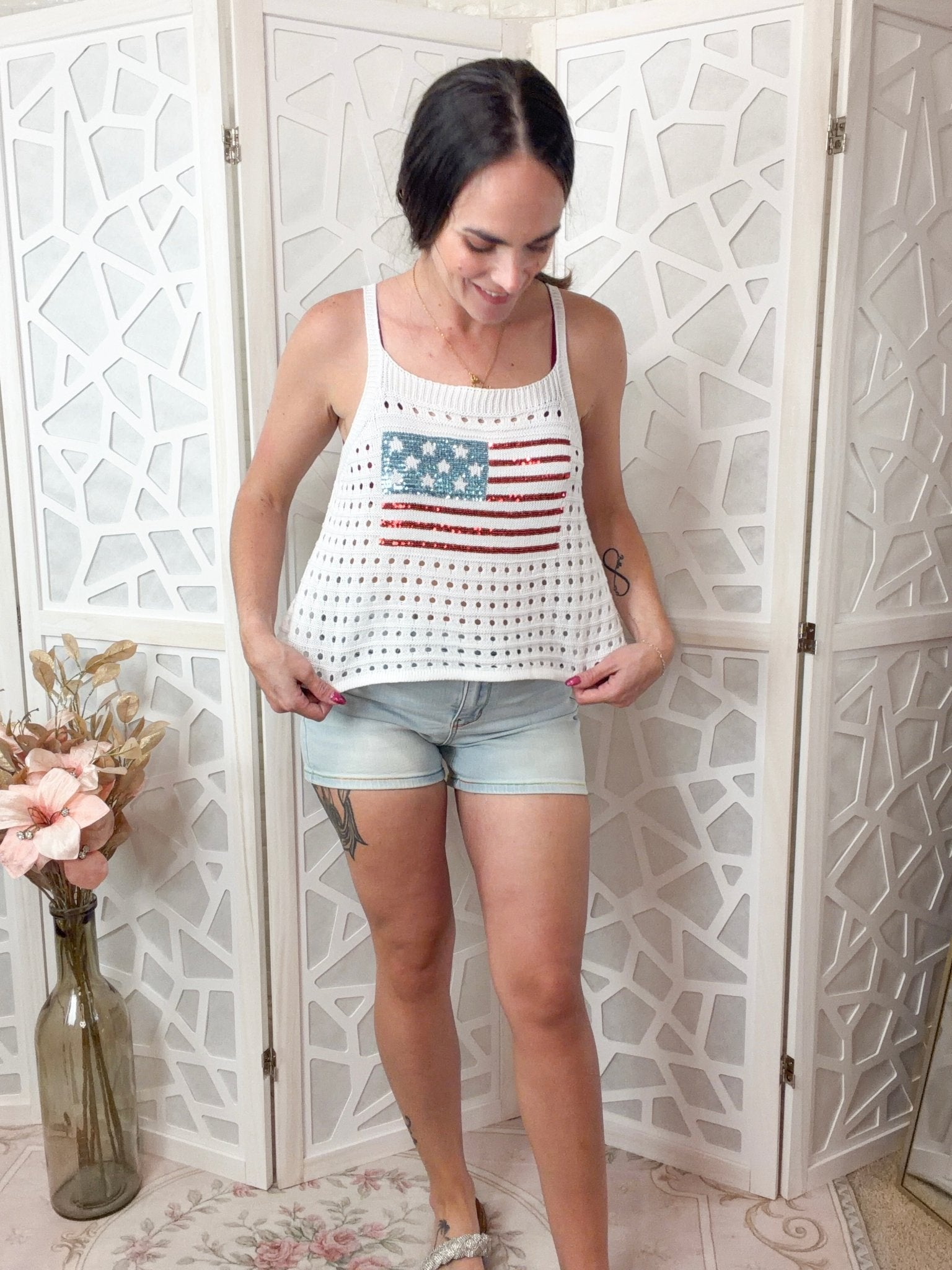 Freedom Patriotic Sequin American Flag Crochet Tank Top - Bella Blossom Boutique