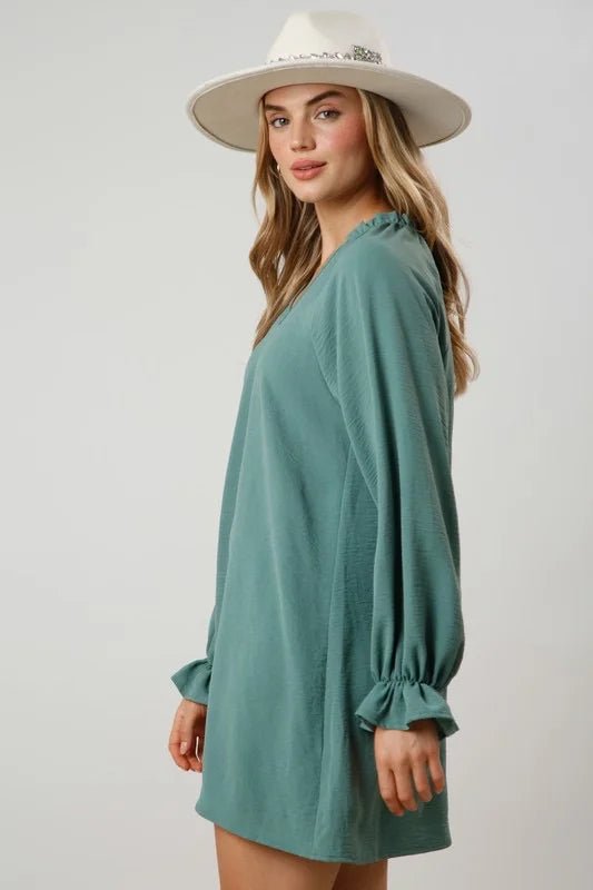Girls Night Out Boho V - Neck Dress with Ruffle Sleeves - Bella Blossom Boutique