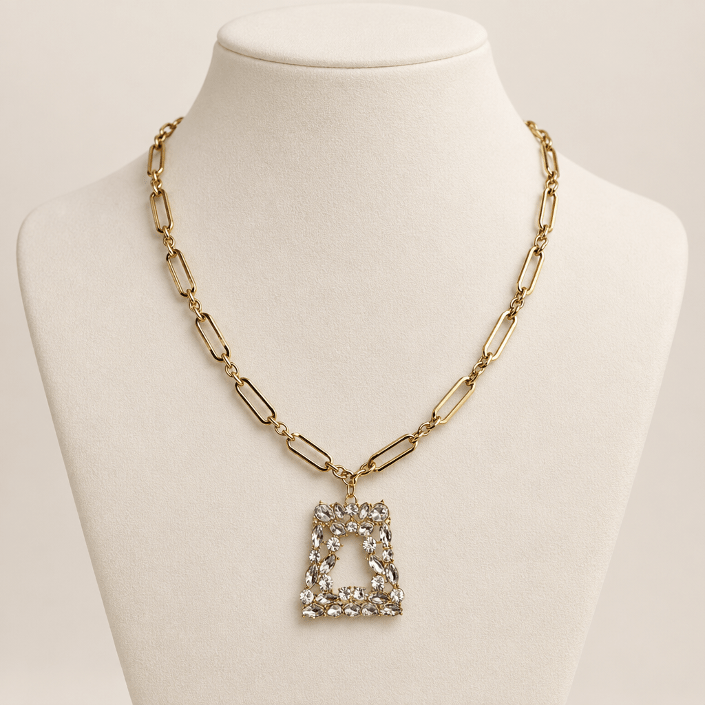 Gold Link Chain Necklace with Rhinestone Pendant - Bella Blossom Boutique