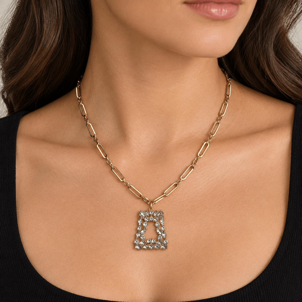 Gold Link Chain Necklace with Rhinestone Pendant - Bella Blossom Boutique