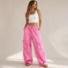 Heartbreaker High - Waisted Pink Wide - Leg Cargo Pants with Heart Pockets - Bella Blossom Boutique