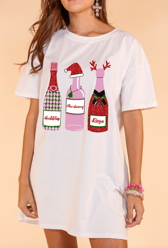 Holiday Bubbles & Bows Champagne T-Shirt Dress - Bella Blossom Boutique