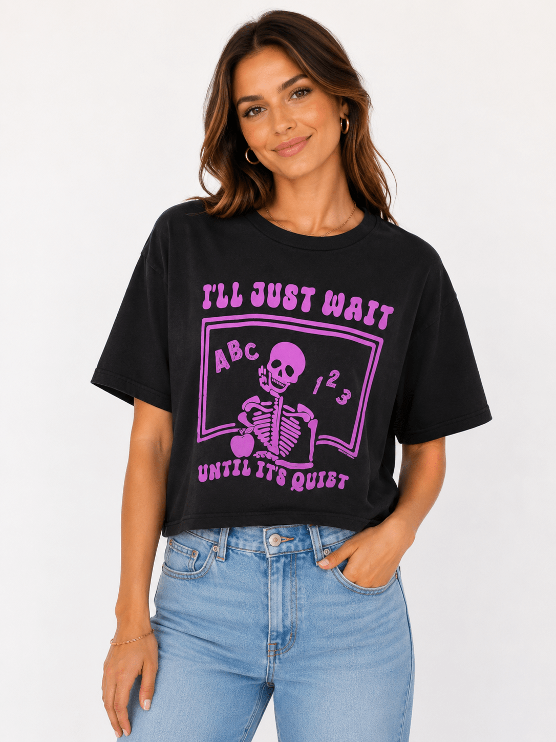 "I'll Just Wait" Funny Skeleton Halloween Graphic Tee - Bella Blossom Boutique