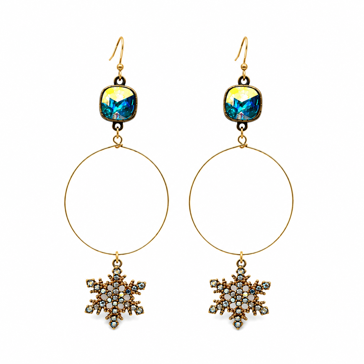 Iridescent Austrian Crystal Snowflake Hoop Drop Earrings - Bella Blossom Boutique