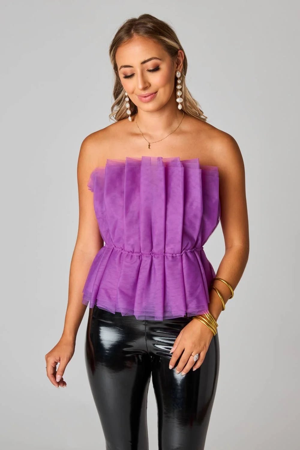 Iris Strapless Ruffle Tulle Top – Purple Statement Party Blouse - Bella Blossom Boutique