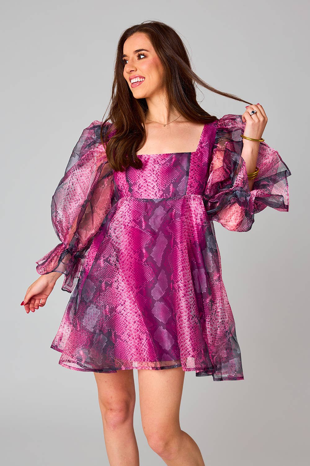 Pink Snakeskin Puff Sleeve Babydoll Mini Dress