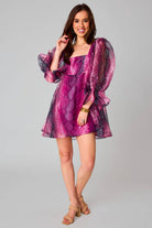 Jaffar Pink Snakeskin Puff Sleeve Babydoll Mini Dress - Bella Blossom Boutique