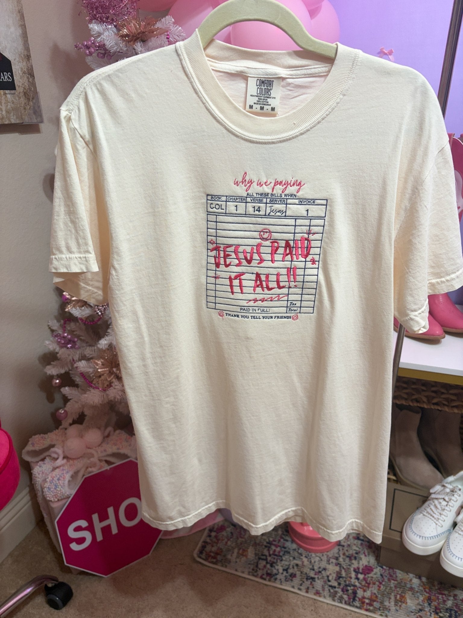 "Jesus Paid It All" Embroidered Guest Check Premium Tee - Bella Blossom Boutique