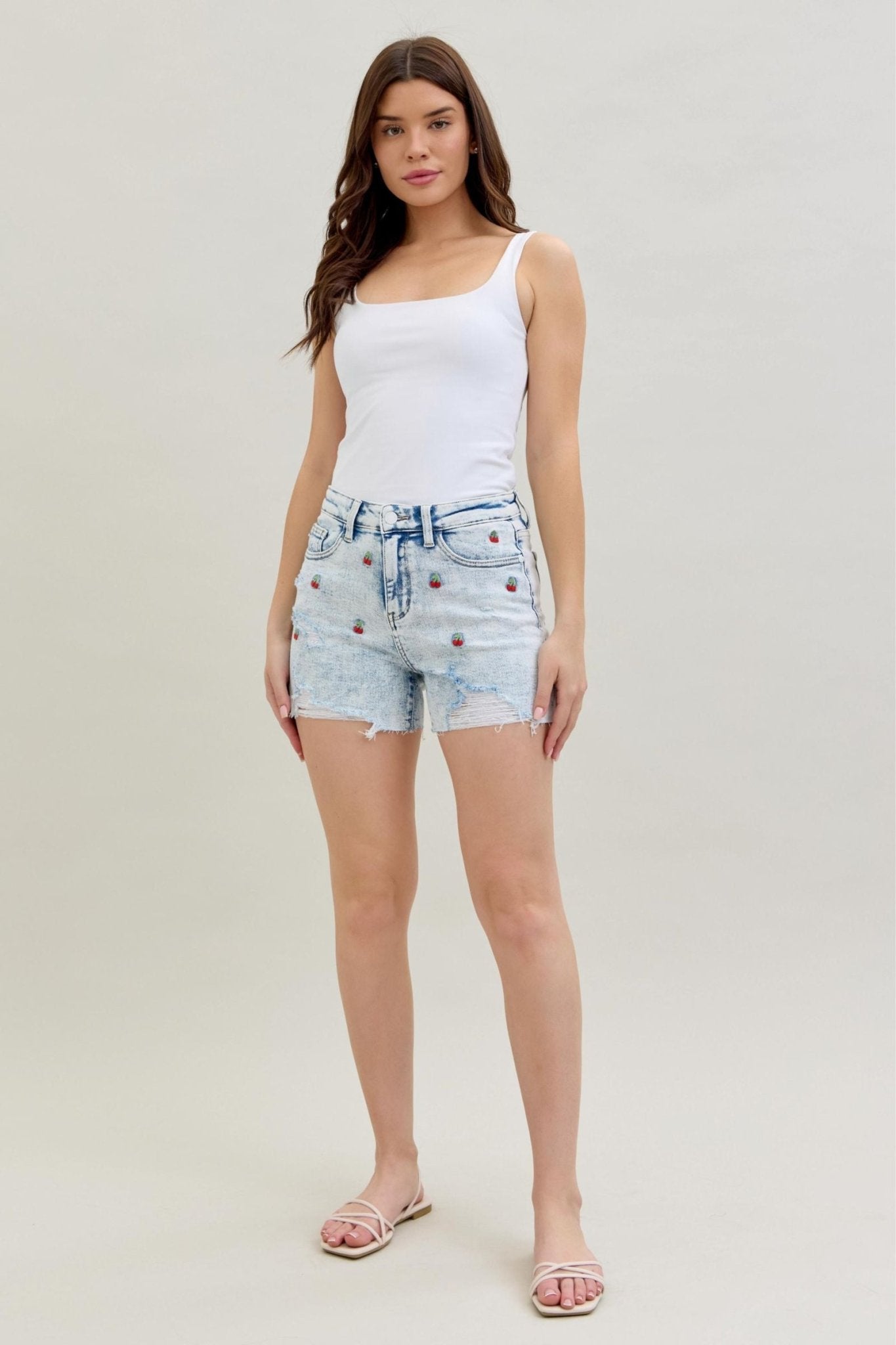 Judy Blue Cherry Embroidered Mid - Rise Distressed Denim Shorts - Bella Blossom Boutique