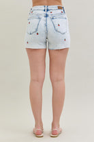 Judy Blue Cherry Embroidered Mid - Rise Distressed Denim Shorts - Bella Blossom Boutique