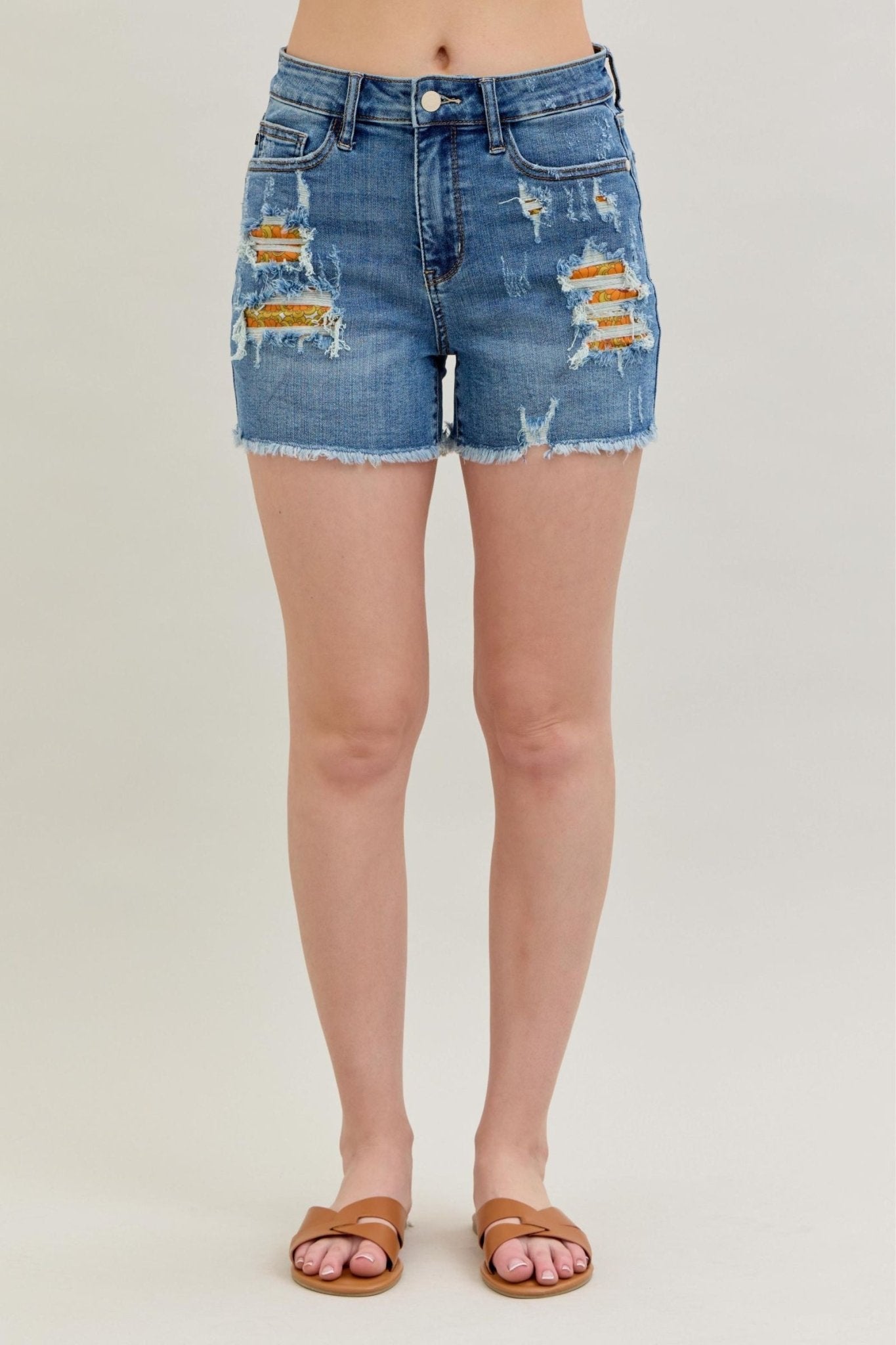 Judy Blue Mid - Rise Distressed Denim Shorts - Printed Pocket Detail - Bella Blossom Boutique