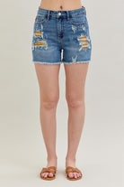 Judy Blue Mid - Rise Distressed Denim Shorts - Printed Pocket Detail - Bella Blossom Boutique