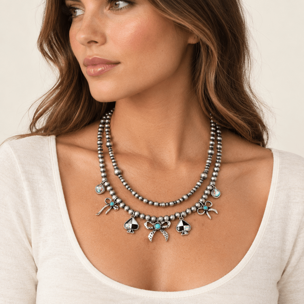 Layered Pearl Necklace with Bow & Spade Charms - Bella Blossom Boutique