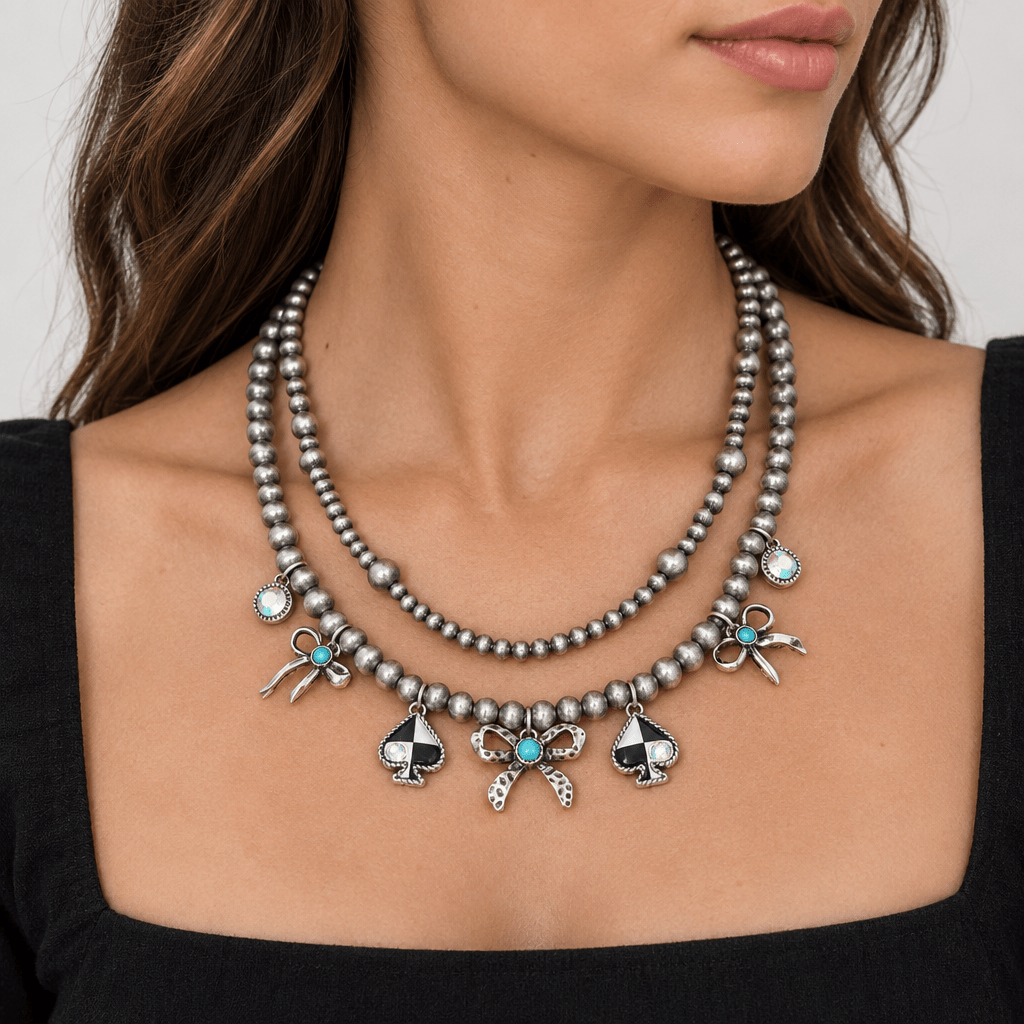 Layered Pearl Necklace with Bow & Spade Charms - Bella Blossom Boutique