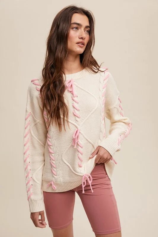 Luna Ribbon Lace - Up Cable Knit Sweater - Bella Blossom Boutique