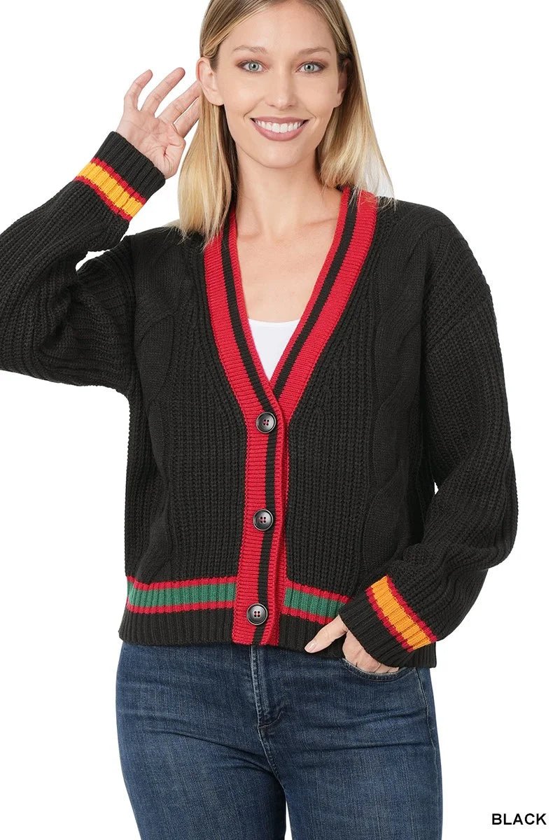 Luxe Cable Knit Button - Down Cardigan with Preppy Contrast Trim - Bella Blossom Boutique