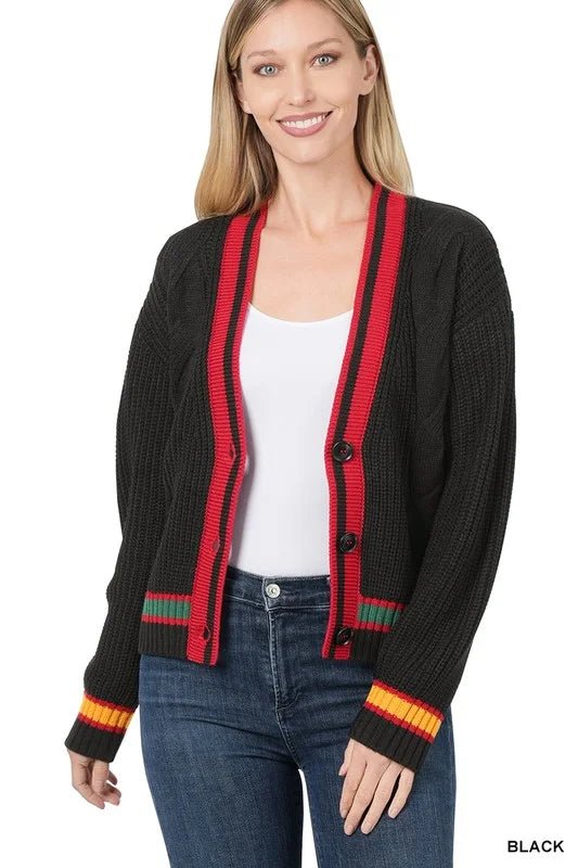 Luxe Cable Knit Button - Down Cardigan with Preppy Contrast Trim - Bella Blossom Boutique