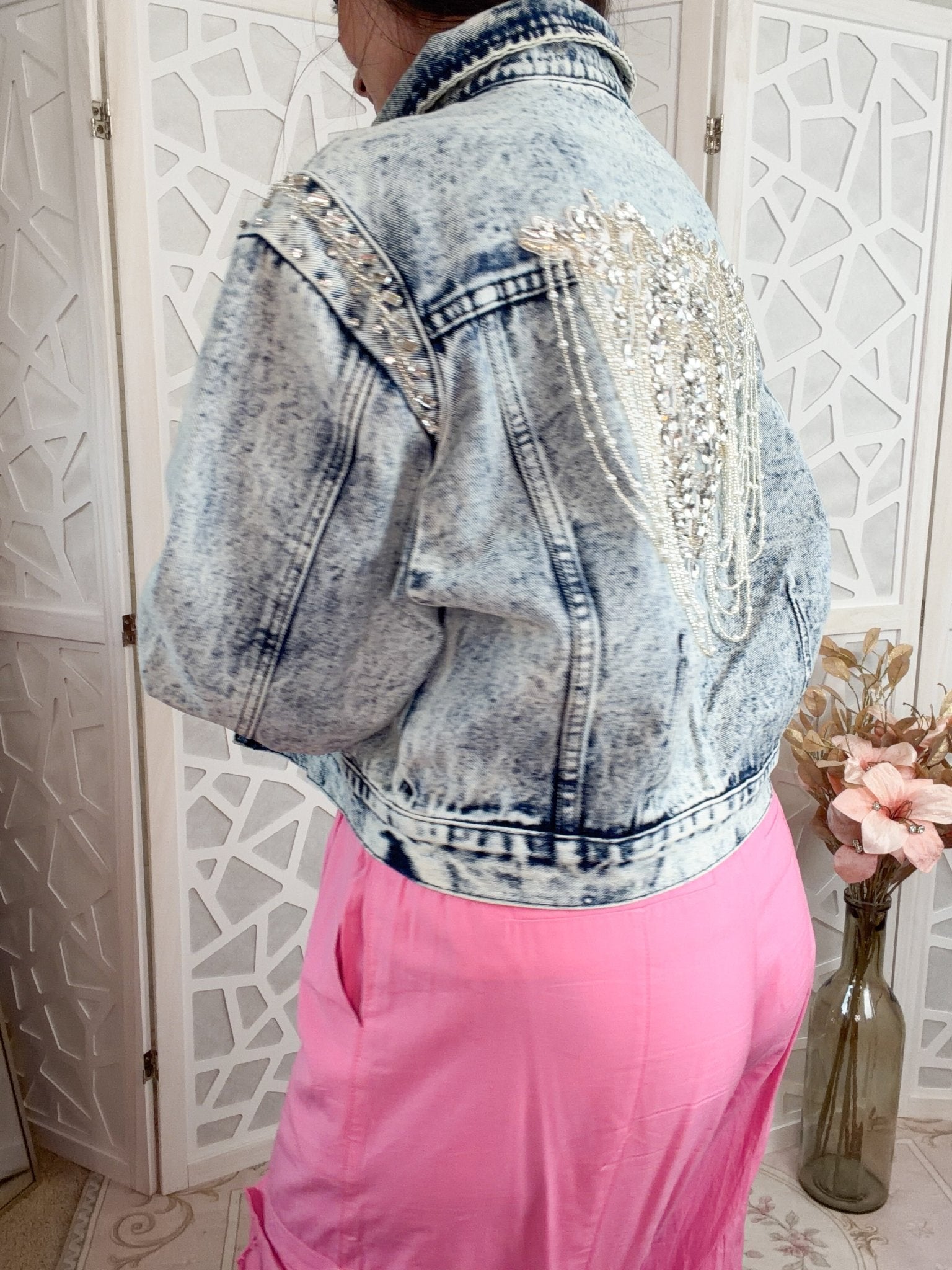 Luxe Pearl & Rhinestone Embellished Denim Jacket - Bella Blossom Boutique