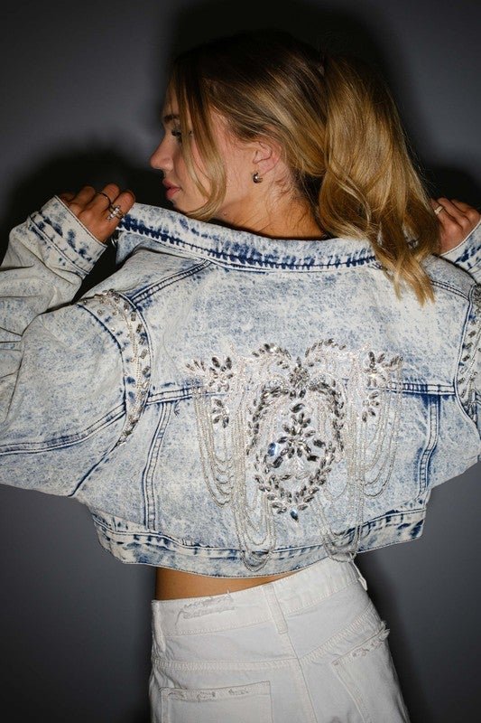 Luxe Pearl & Rhinestone Embellished Denim Jacket - Bella Blossom Boutique