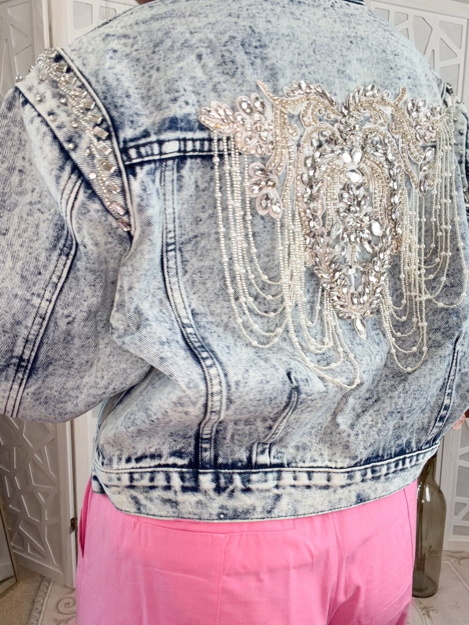 Luxe Pearl & Rhinestone Embellished Denim Jacket - Bella Blossom Boutique