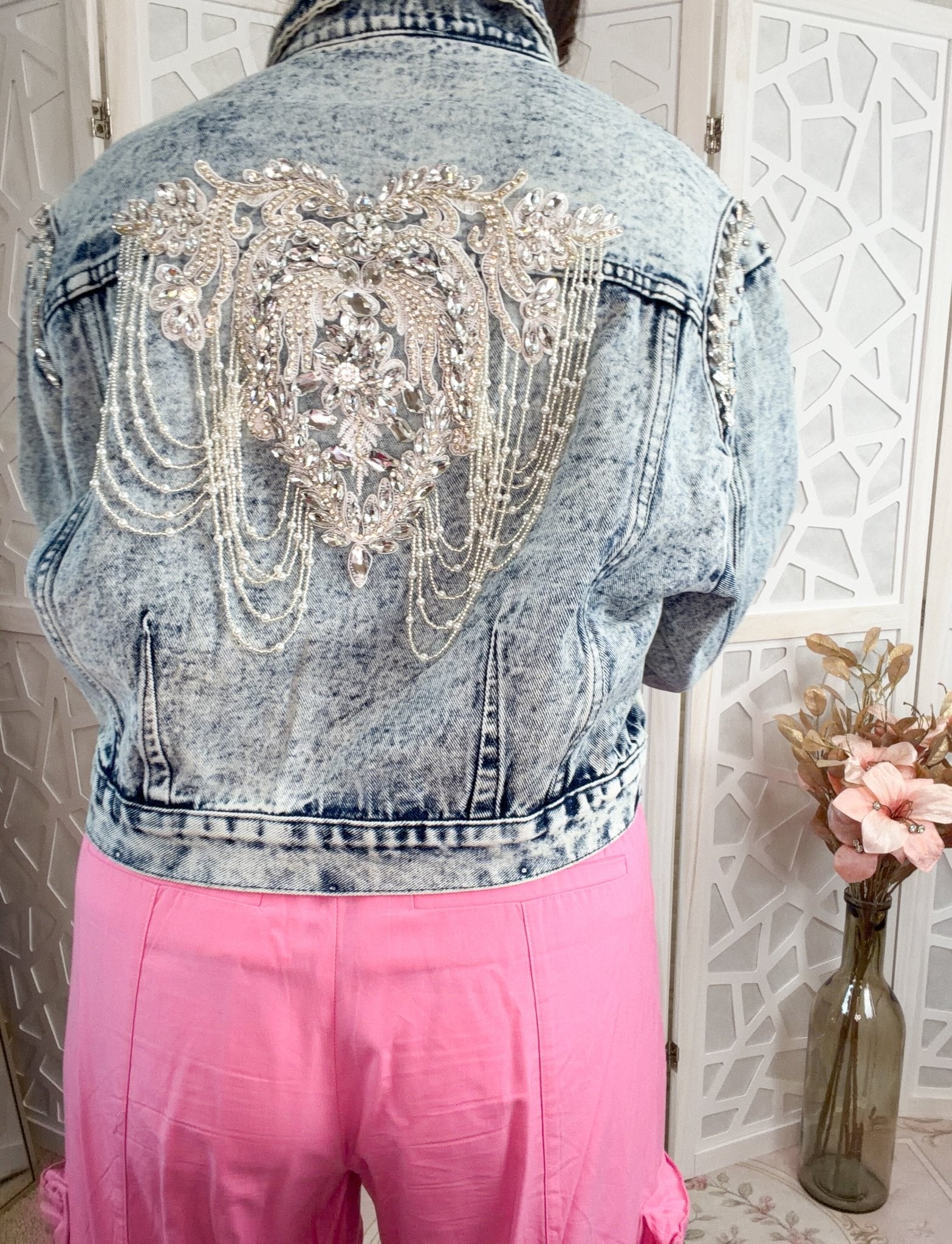 Luxe Pearl & Rhinestone Embellished Denim Jacket - Bella Blossom Boutique