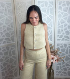 Luxe Rhinestone Pearl Button Yellow Tweed Two-Piece Set - Bella Blossom Boutique