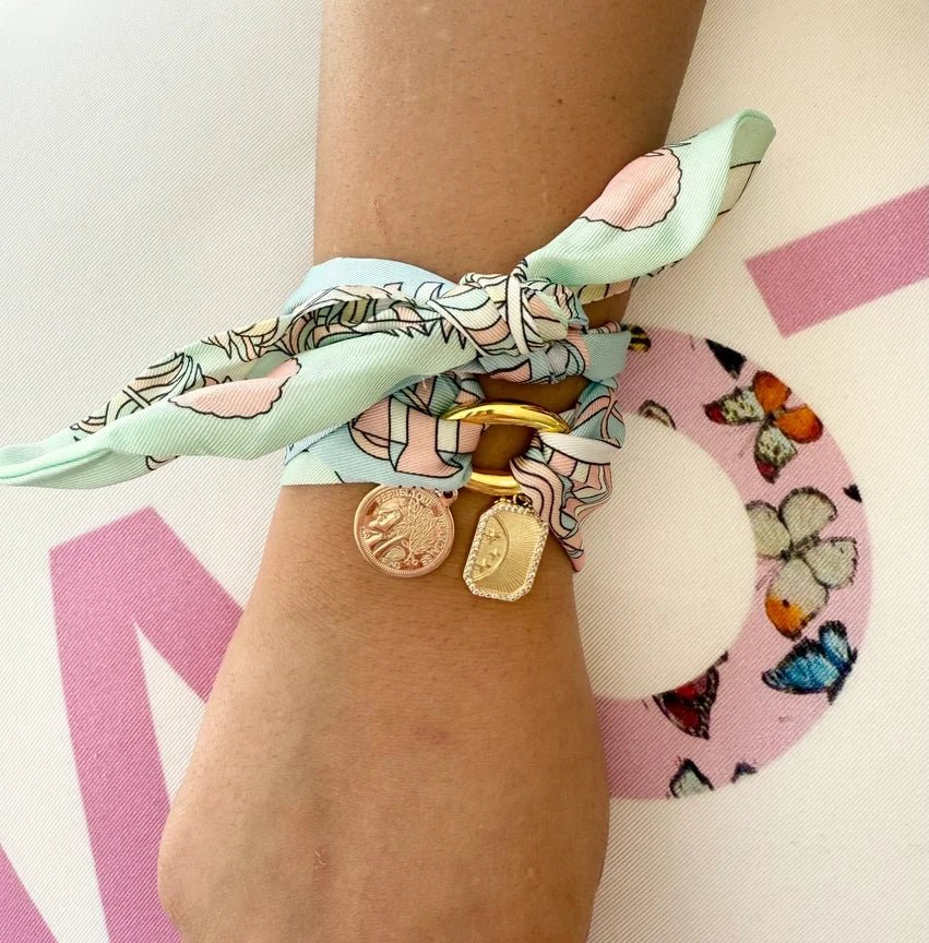 Luxxe Aqua Silk Scarf Wrap Bracelet – Bohemian Gold Charm Wristlet - Bella Blossom Boutique