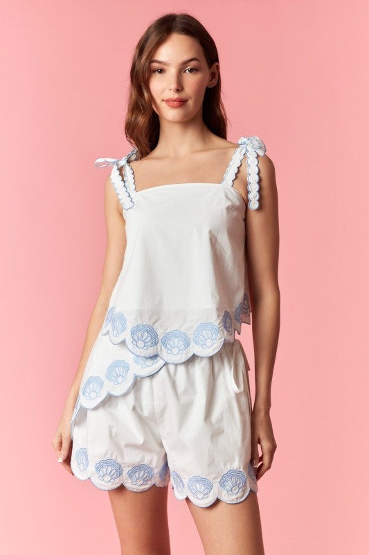 Luxxe Coastal Seashell Embroidered Scalloped Two - Piece Set - Bella Blossom Boutique