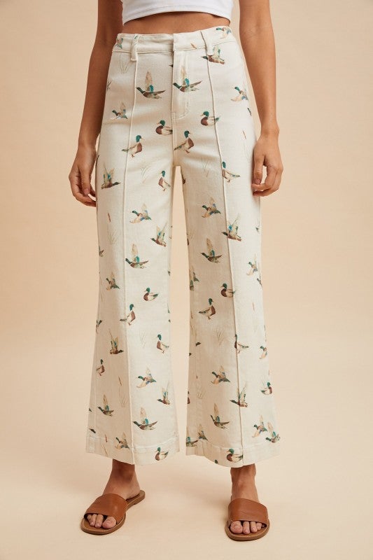 Mallard Duck Print High - Rise Wide Leg Cropped Denim Jeans - Bella Blossom Boutique