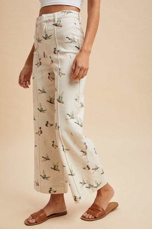 Mallard Duck Print High - Rise Wide Leg Cropped Denim Jeans - Bella Blossom Boutique
