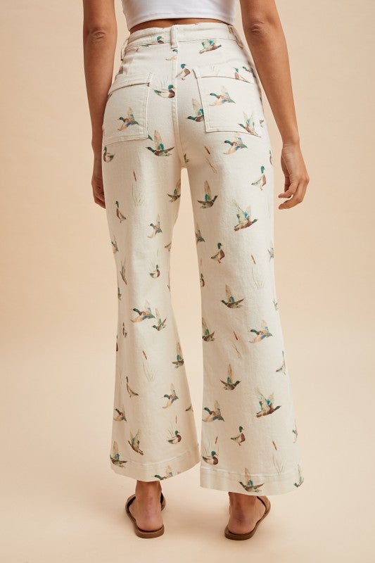 Mallard Duck Print High - Rise Wide Leg Cropped Denim Jeans - Bella Blossom Boutique