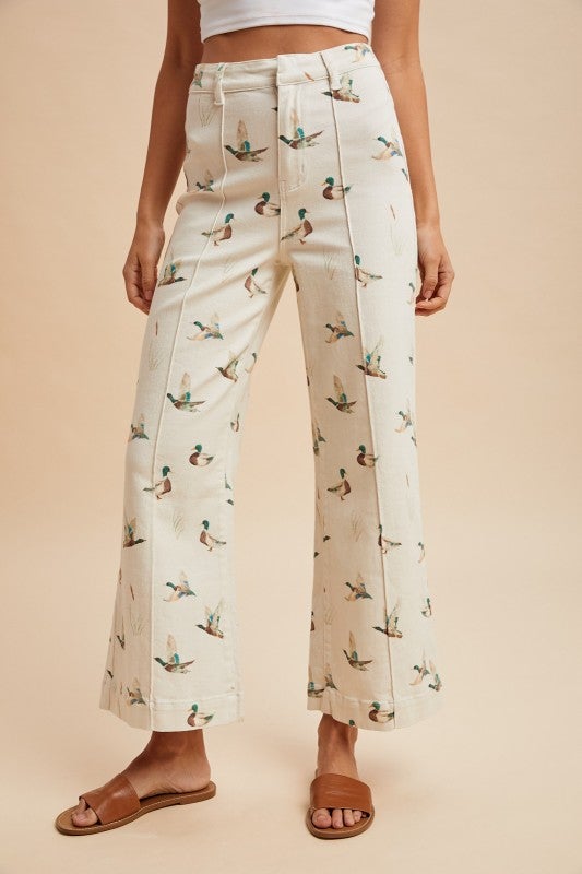 Mallard Duck Print High - Rise Wide Leg Cropped Denim Jeans - Bella Blossom Boutique