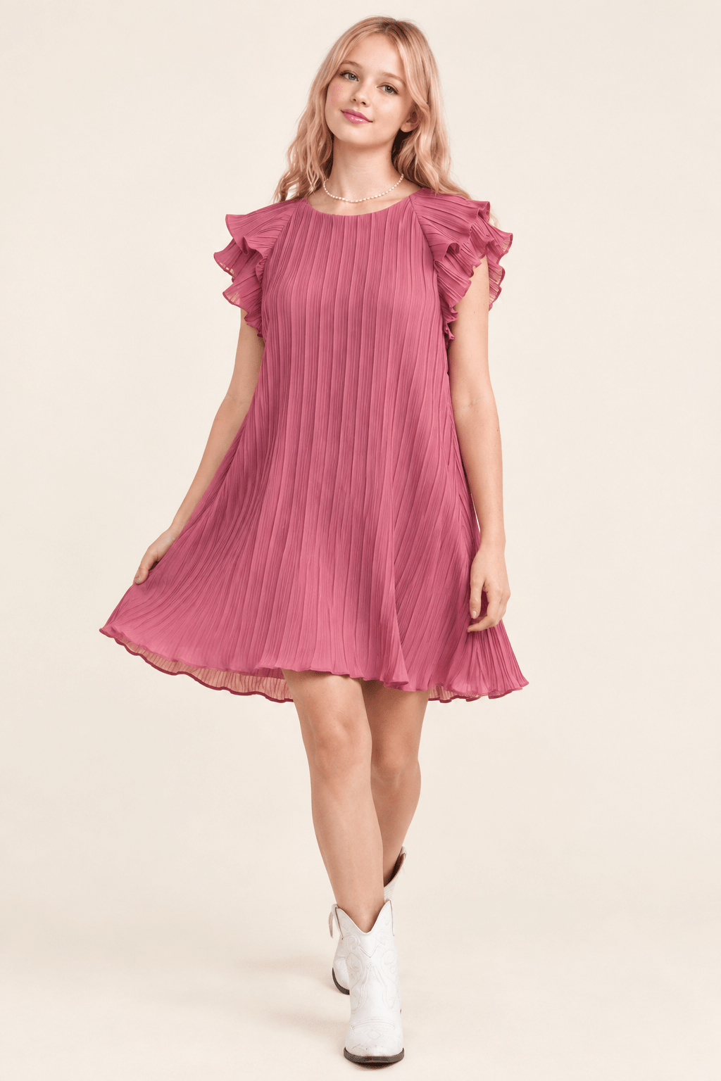 Mauve Ruffle Sleeve Pleated Mini Dress - Bella Blossom Boutique