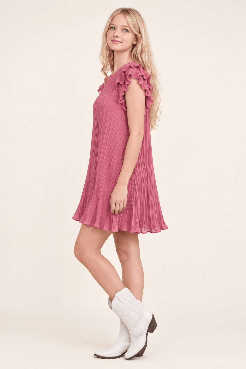 Mauve Ruffle Sleeve Pleated Mini Dress - Bella Blossom Boutique