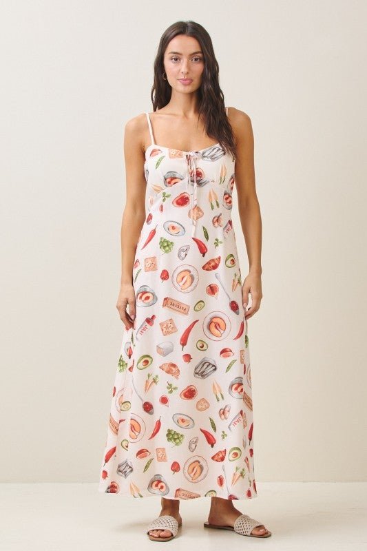 Mediterranean Feast Whimsical Food Print Cami Maxi Dress - Bella Blossom Boutique