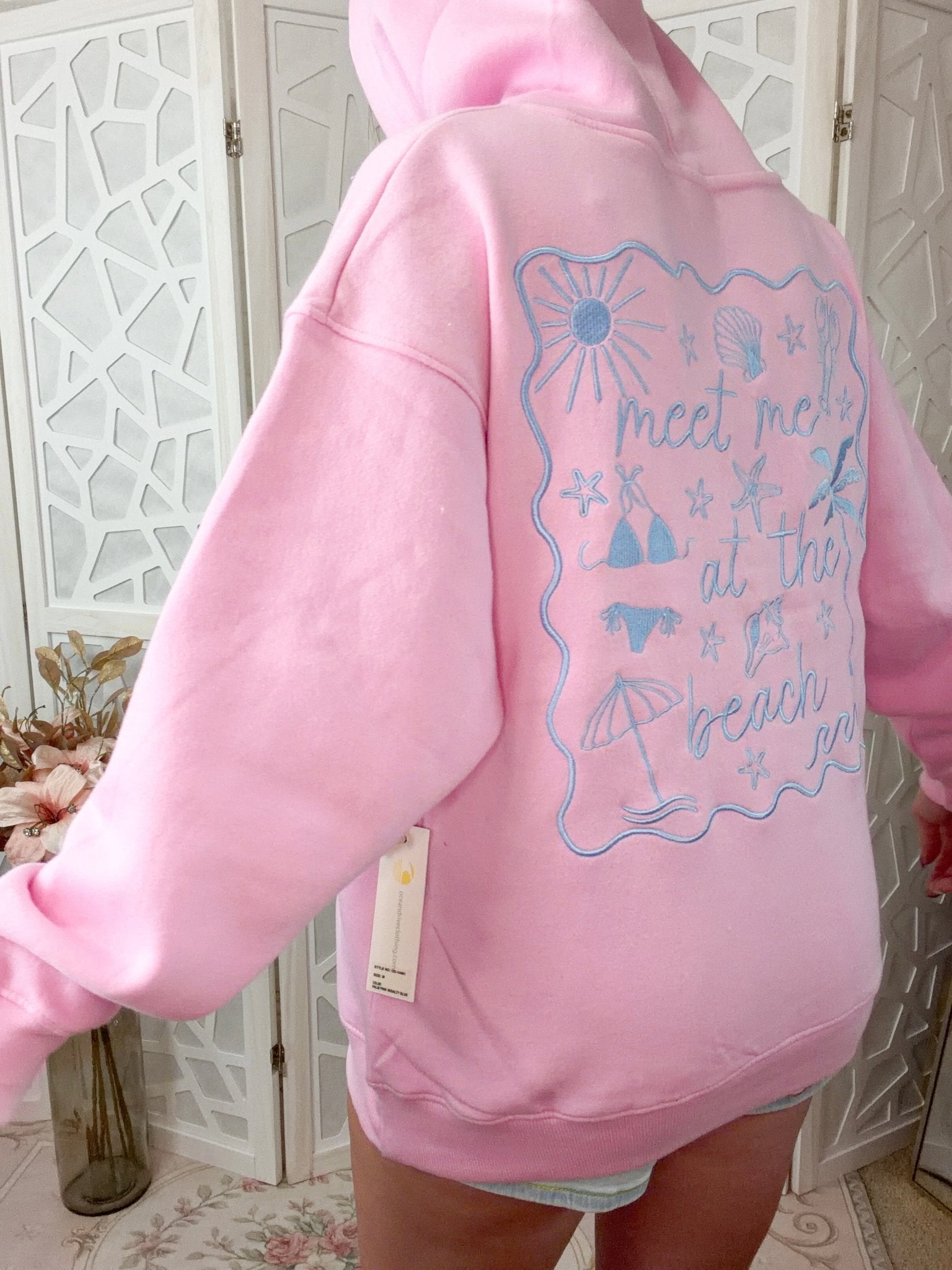 "Meet Me At The Beach" Embroidered Pink Hoodie – Coastal Vacation Aesthetic - Bella Blossom Boutique